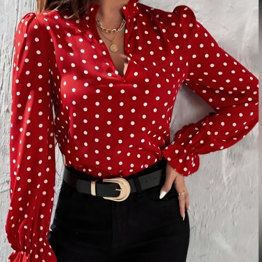 Eden & Olivia Red Polka Dot Long Sleeve button up Sz M